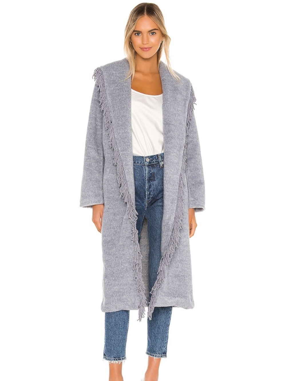 Line & Dot Linda Fringe Coat in Denim Melange Size M